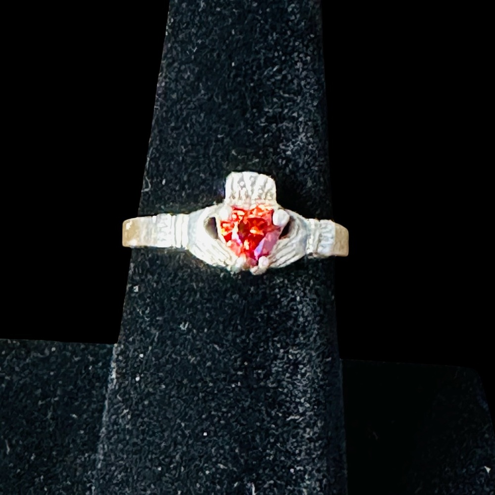 Irish claddagh Silver Ring with Red Heart Accent